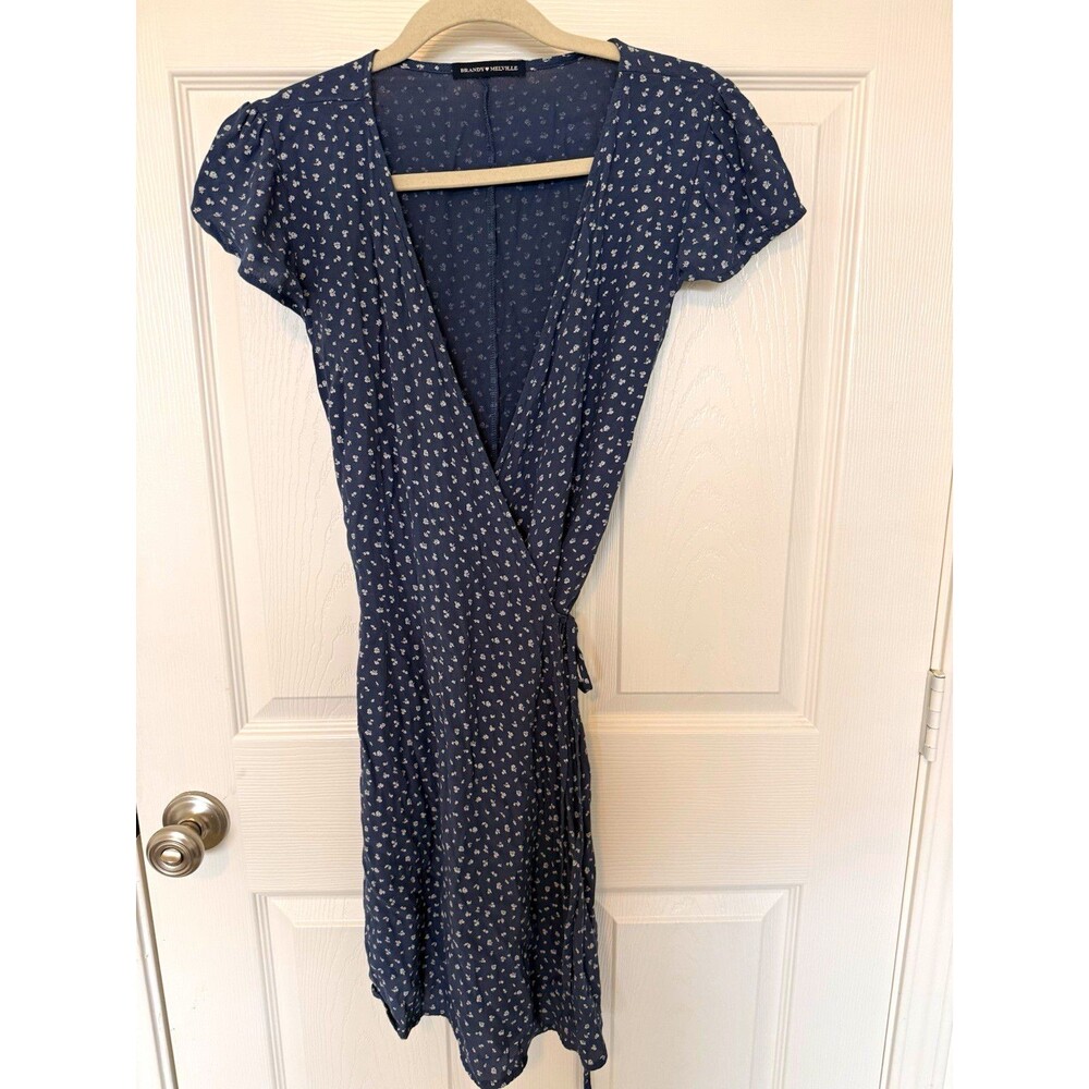 Brandy Melville Blue/White Floral Wrap V-Neck Cap Sleeve Midi Dress Size 12